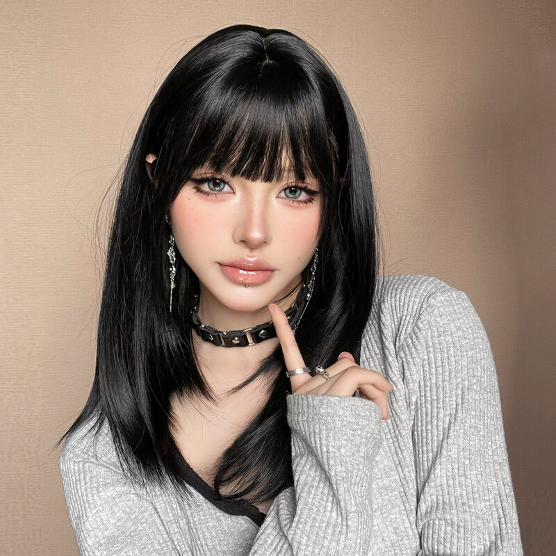 Черные прямые синтетические парики ALAN EATON с челкой, средней длины, натуральный черный парик для азиатских девушек, женщин, ежедневная термостойкость