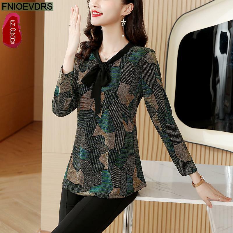 L-5XL Loose Clothes 2023 Women Elegant Office Lady Work Basic Shirts Print Bow Tie Casual Tunic Peplum Tops And Blouses