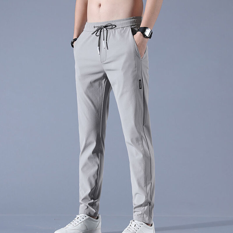 กางเกงลำลองขาตรงขาตรงสำหรับผู้ชายกางเกงกีฬาผ้าไอซ์ซิลค์ระบายอากาศกางเกงยาวสีพื้น