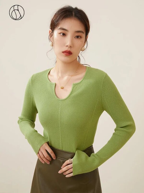 DUSHU Simple U-shaped Irregular Collar Women Autumn Knitwear Versatile Casual Basic Top Multi-color Female knitted Sweater