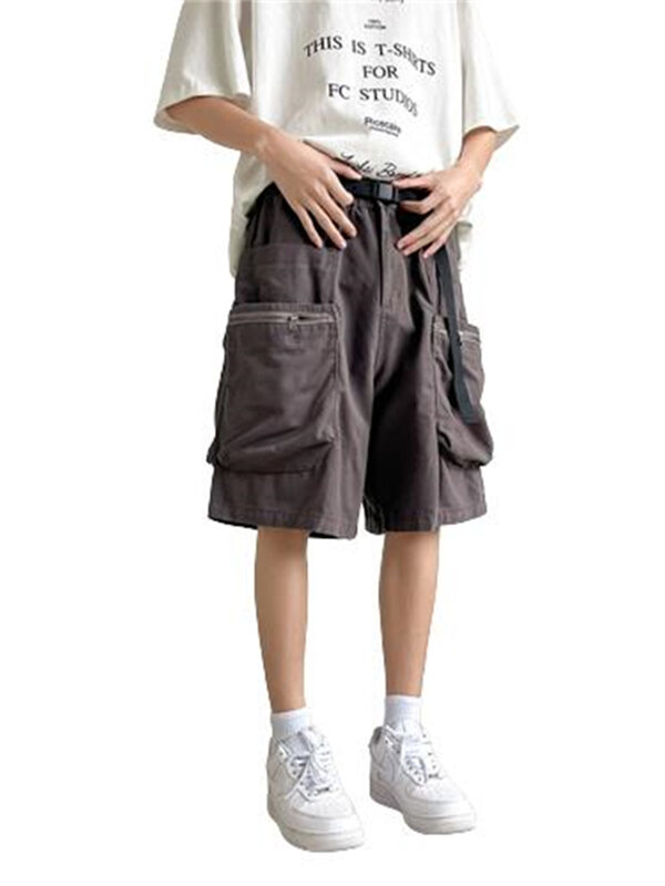 Calções de cor sólida para homens, calças casuais, cós elástico, bolsos múltiplos, verão, E178