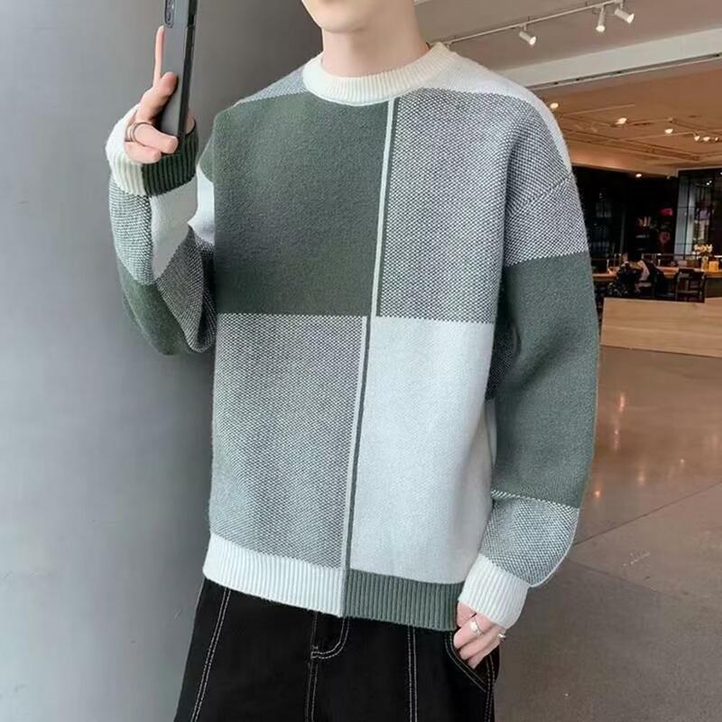 Camisola de manga comprida com gola redonda masculina, pulôver grosso e quente de malha, suéter aconchegante, ideal para outono e inverno