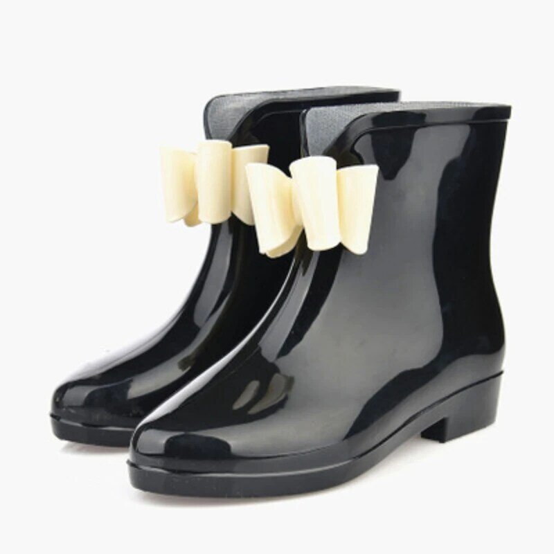 Botas de chuva femininas de tubo curto primavera e outono botas de chuva nó-arco botas de baixo topo branco-colarinho impermeável sapatos de borracha overshoes