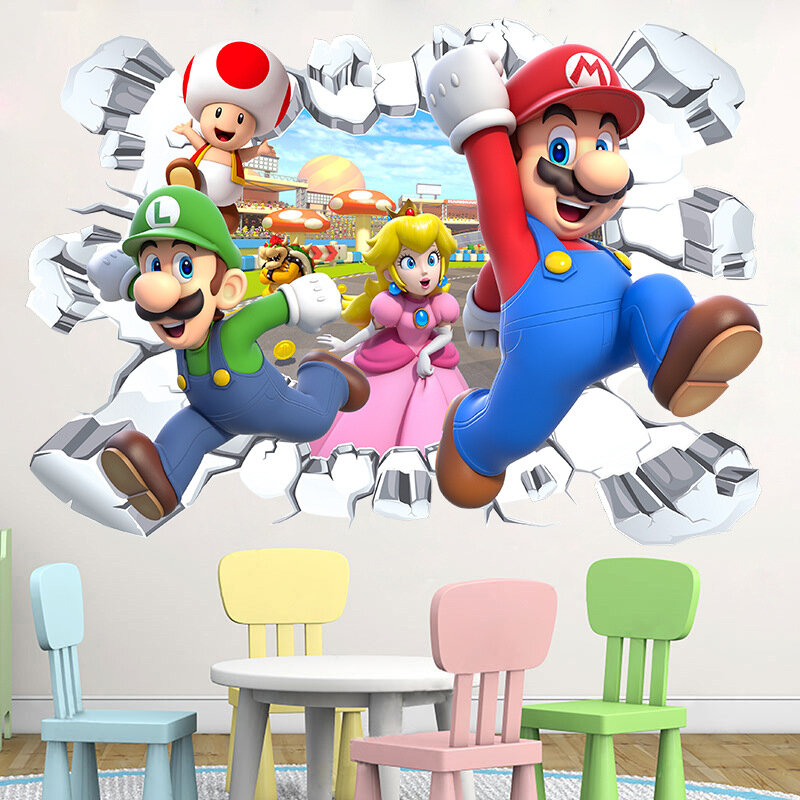 Pegatina de Super Mario Bro para dormitorio de niños, pegatina de pared impermeable autoadhesiva de dibujos animados de Mario, regalo de juguete periférico de Anime