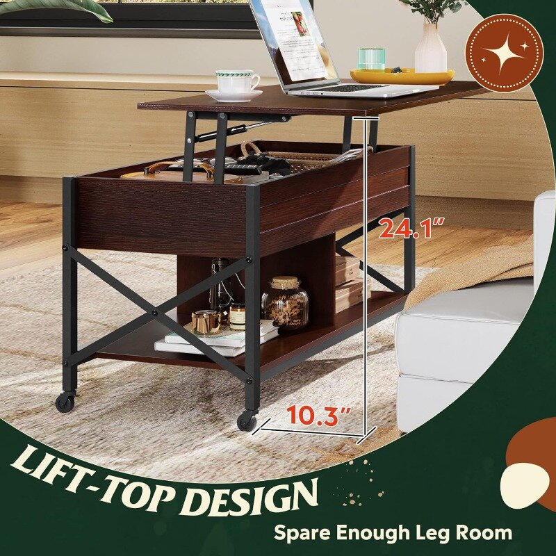 WLIVE Lift Top Coffee Table for Living Room,Coffee Table with Storage,Hidden Compartment and Metal Frame, Central Table
