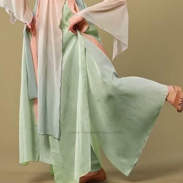 Vestido de gasa de baile clásico para mujer, traje de Color Gradual, vestido de rendimiento de hada que fluye, estilo chino, práctica de Baile Folclórico
