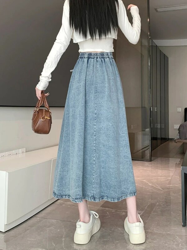 Модная женская джинсовая юбка, Новинка лета 2024, однобортная облегающая трапециевидная юбка с высокой талией, Женская юбка на шнуровке с эластичным поясом