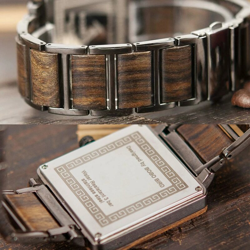 Relógio de quartzo unissex resistente a riscos Combinação de aço inoxidável Cronógrafo multifunções Presente de madeira para homens e mulheres