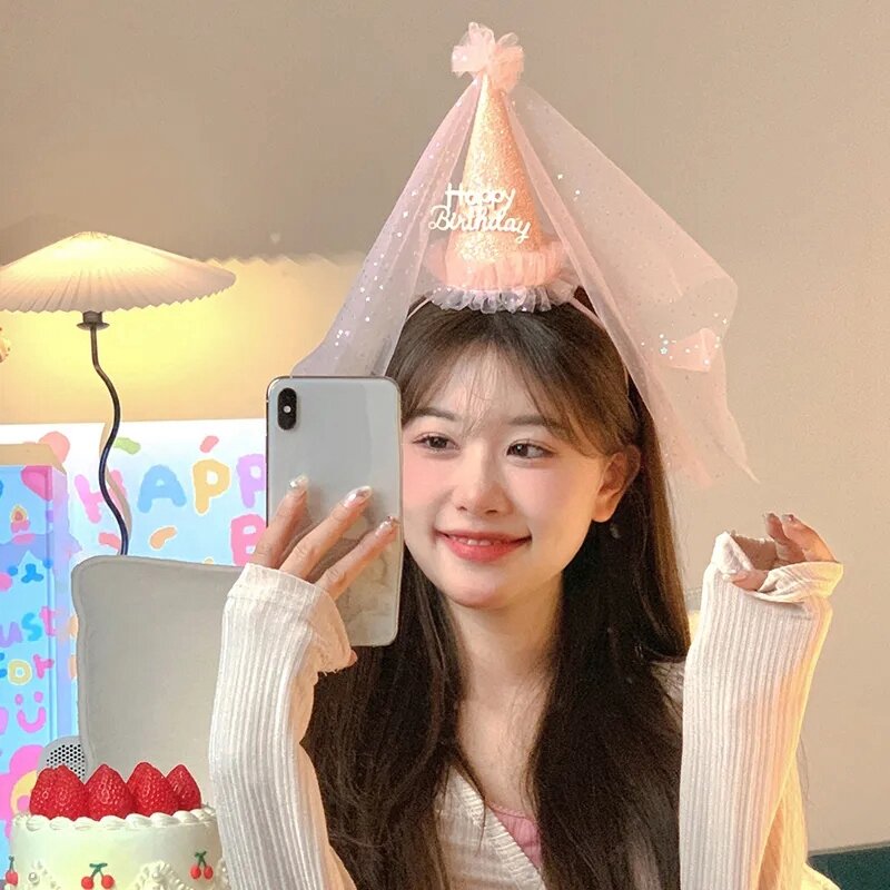 아기 생일 축하 모자 공주 왕관 메쉬 머리띠, 반짝이 장식, 여아용 선물, 파티 용품