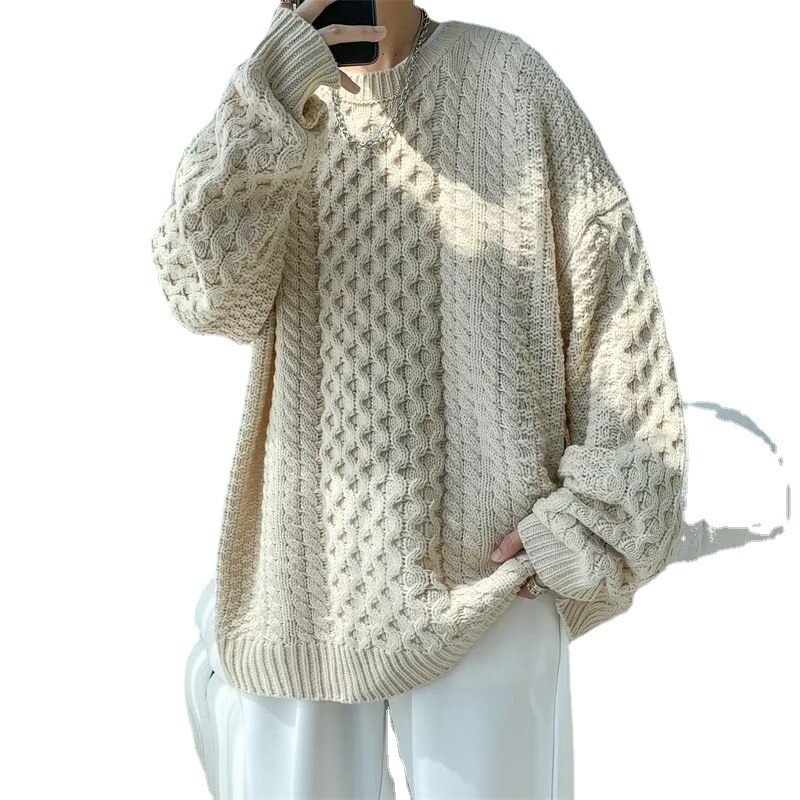 เสื้อสเวตเตอร์คอกลมของผู้ชายเสื้อสเวตเตอร์คอเต่าฉบับภาษาเกาหลีสีขาวคอกลมสำหรับผู้ชาย2023ฤดูหนาว