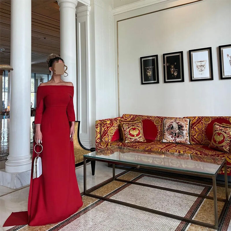 Gaun malam merah anggur panjang elegan dengan selubung jubah leher perahu berlipat panjang lantai gaun Prom untuk wanita