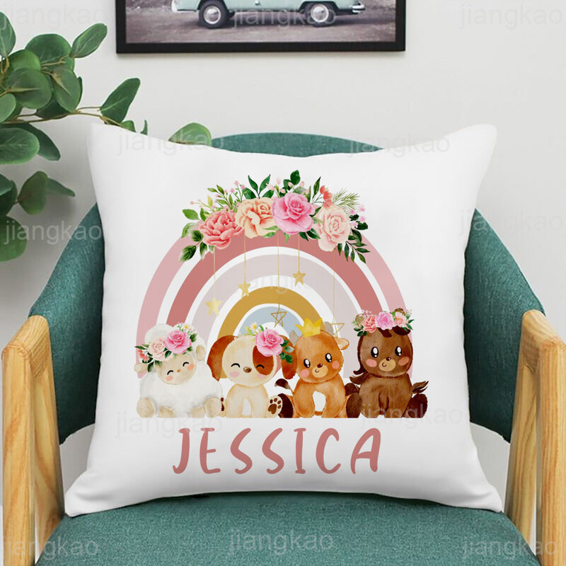 Personalized Pillow Case rainbow Animal with Name Pillow Cover Kids Bedroom Wild Party Decor Pillowcase kid Birthday shower Gift