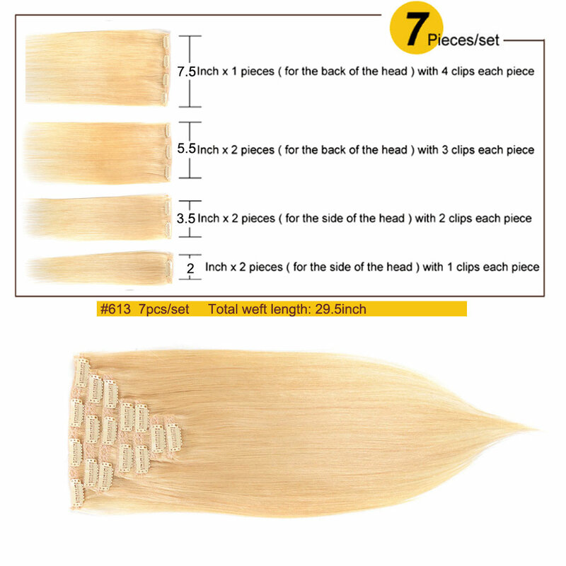 Braziliaanse Machine Gemaakt Remy #613 Witte Blonde 120 G/set Natuurlijke Rechte Clip In Human Hair Extensions Echt Haarstuk 14-24