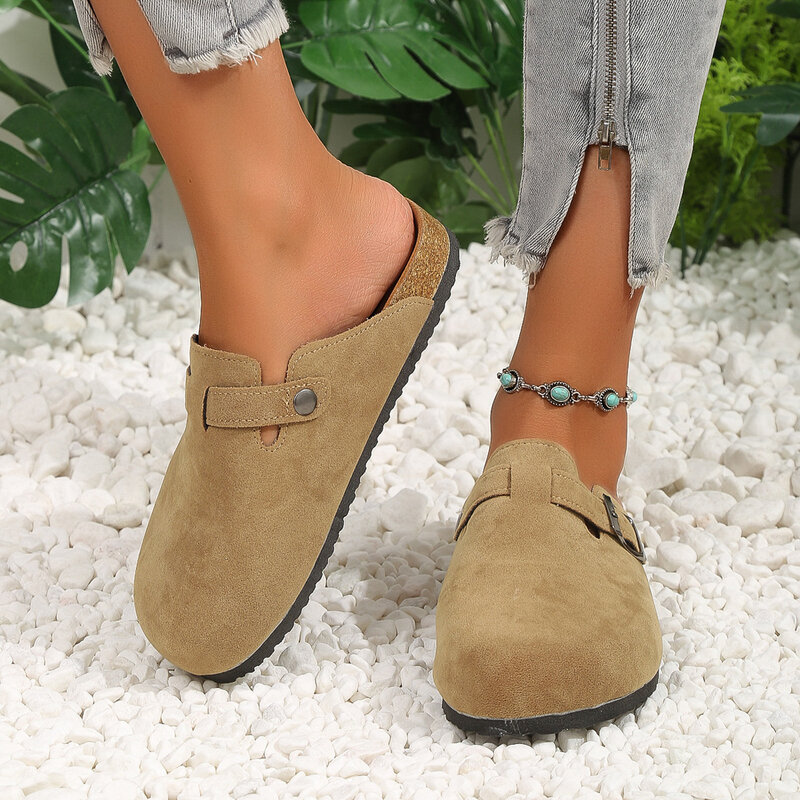 Women Casual Slippers Solid Color Round Toe One-Step Slip-On Cork Slides Sandals 2024 Fashion New Female Footwear