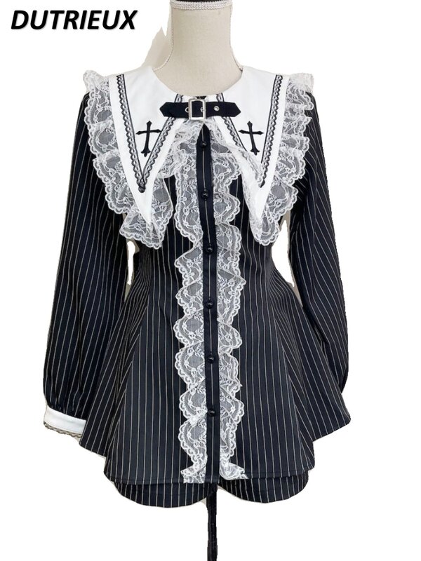 Japanese Style Cross Embroidered Long Sleeve Waist-Controlled Top Lapel Lace Stitching Shirt and Base Shorts Black Two-Piece Set