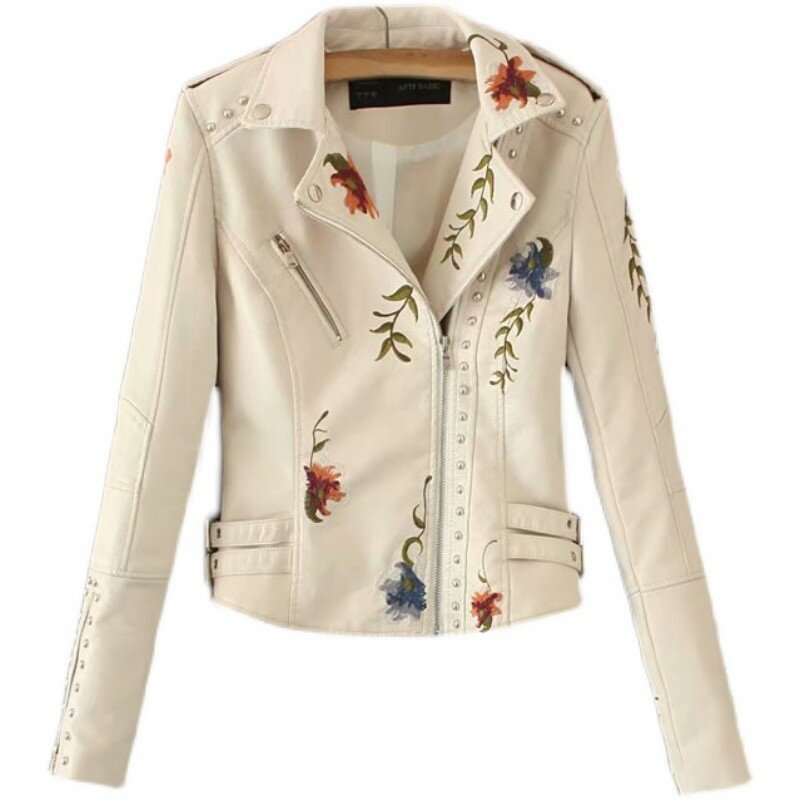 Jaqueta de couro PU fina lavada feminina, casaco com gola blazer, gola apertada, bordado floral europeu e americano, roupas da moda
