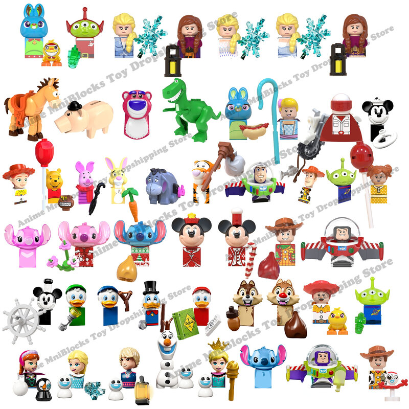 Disney-Mini figurines d'action, blocs de construction, poupées de dessin animé, Toy Story, Mickey, Winnie l'ourson, Frozen Stitch, Donald Duck