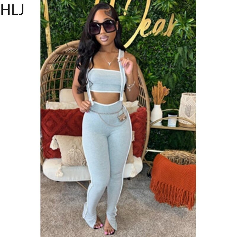 HLJ Fashion Streetwear Women Solid Ribber Sleeveless Backless Tube + Strap Skinny Pants Two Piece Sets Casual Sporty 2pcs Outfit