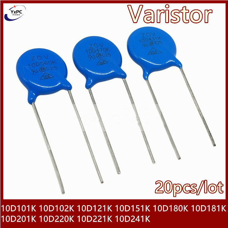 Varistor 10D220K 10D221K 10D241K 10D101K 10D102K 10D121K 10D151K 10D180K 10D181K 10D201K, 20 pièces