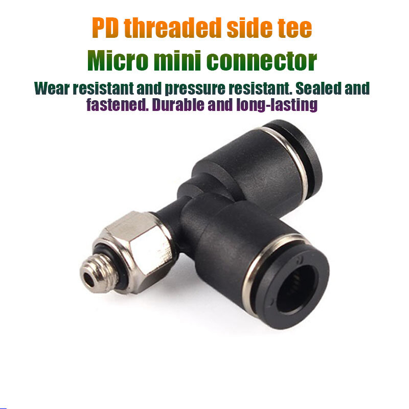 공압 미니 커넥터 PD T형 나사 측면 3 방향 M3 M5 M6 to 3 4 5 6mm 마이크로 에어 파이프 퀵 커넥터