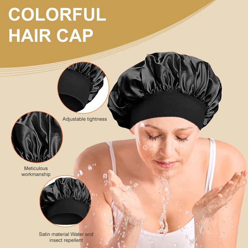 Women Bonnet Silk Satin Solid Wide-brimmed Hat Hair Care  Sleep Shower Cap Elastic Soft Band Head Cover Bath Beauty Salon Sauna