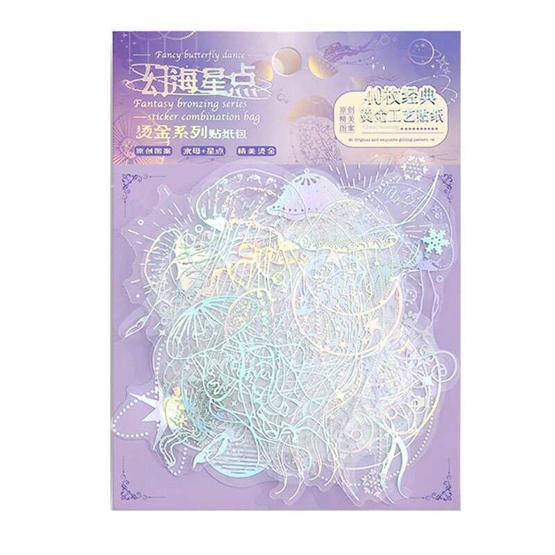 40 Pcs Holographic Glitter Jellyfish Whale Butterfly Stickers Set Waterproof Decorative Adhesive Stickers For Scrapbook Journal