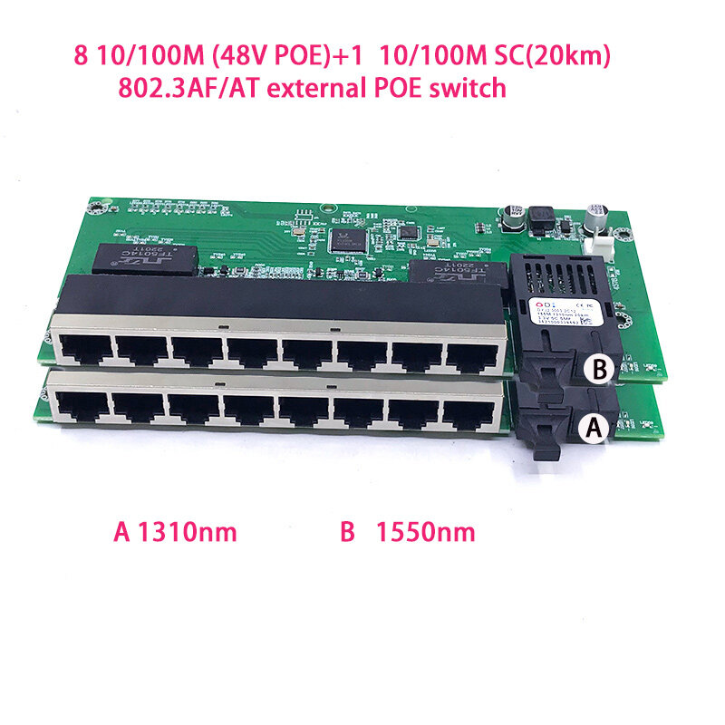 Commutateur POE 802.3AF/AT, protocole Standard, sortie 48V, 8 10/100 mbps, 1 10/100 mbps, SC, 20KM
