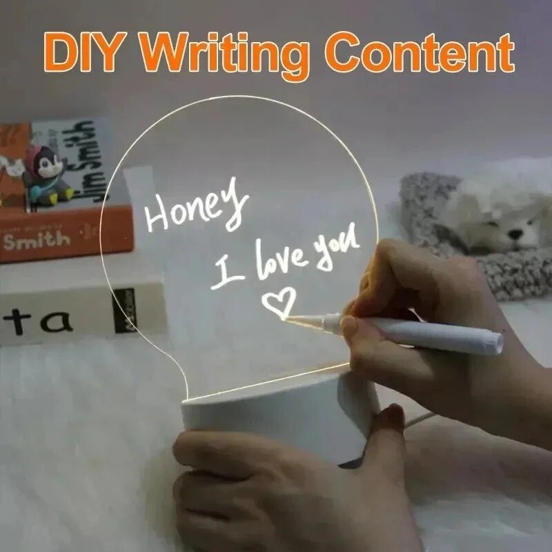 DIY Acrílico Transparente Notepad com Controle Remoto, LED Night Light, Erasable Message Board, USB, Home Memo Reminder, Table Lamp