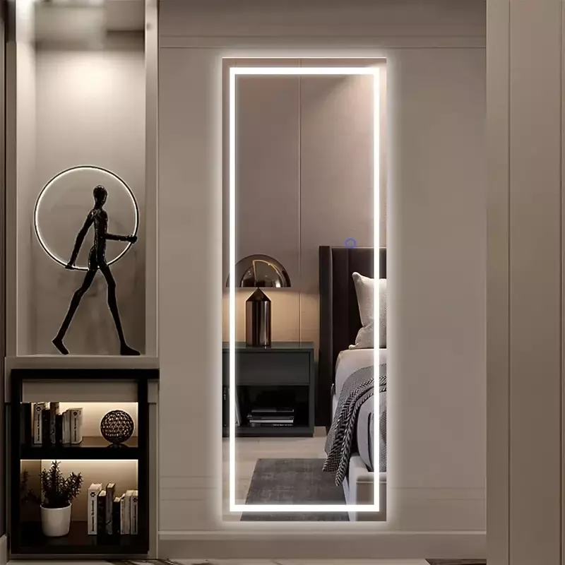 Full body mirror with light, touch button, and plug, adjustable 3 lighting and stepless dimming, white