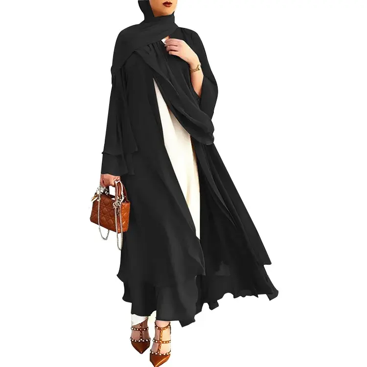 Le donne musulmane eleganti in Chiffon vestono Hijab Eid preghiera aperta Abaya per il Canada Austria set islamici Kimono abbigliamento caftano marocchino