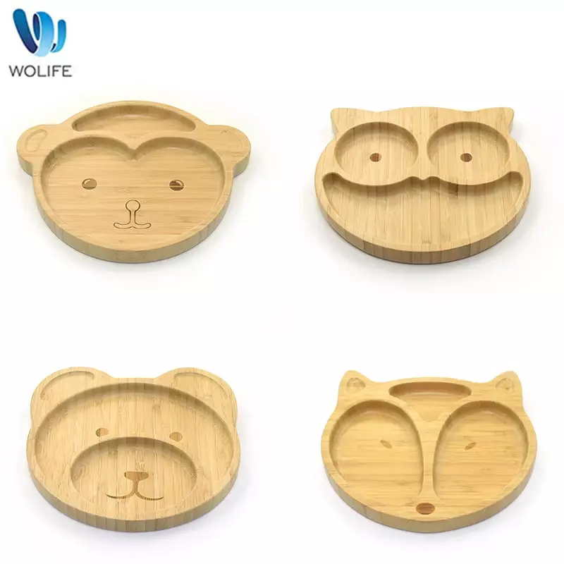 WOLIFE Baby Cartoon Animal Pattern Bamboo Tableware with Silicone Base Suction Cup Kids Feeding Tableware Bamboo Plate Non-slip