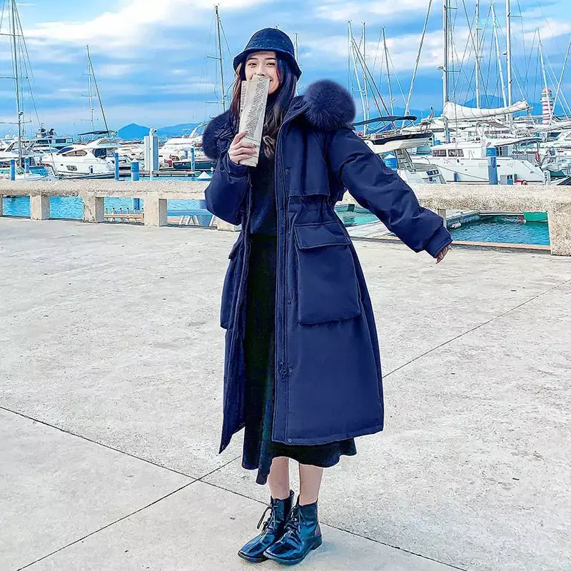 Jaket down versi Korea untuk wanita, panjang sedang, kerah bulu besar, modis dan tebal musim dingin
