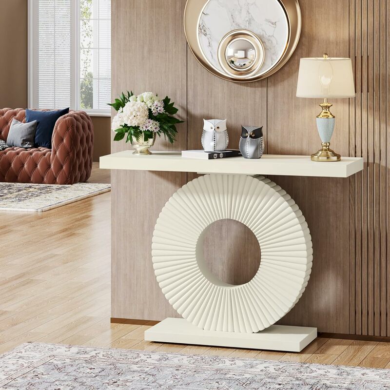 Modern Console Table with Geometric Base, 40 inch Wood Entryway Sofa Table Narrow Long, Contemporary Accent for Living Room