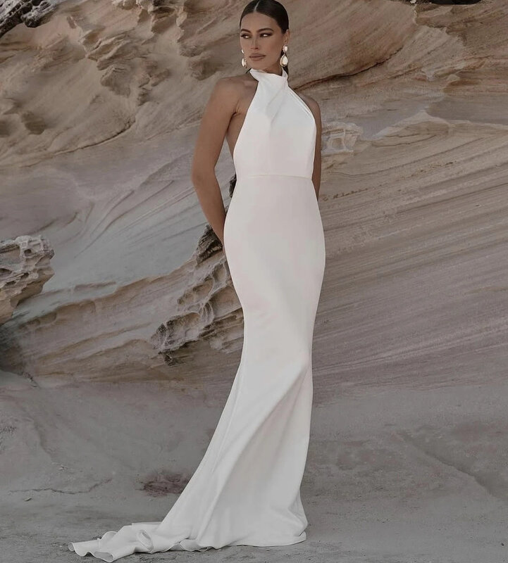 Vestido de novia de satén con cuello Halter desmontable para mujer, elegante vestido de novia de playa, personalizado a las medidas del suelo, 2024