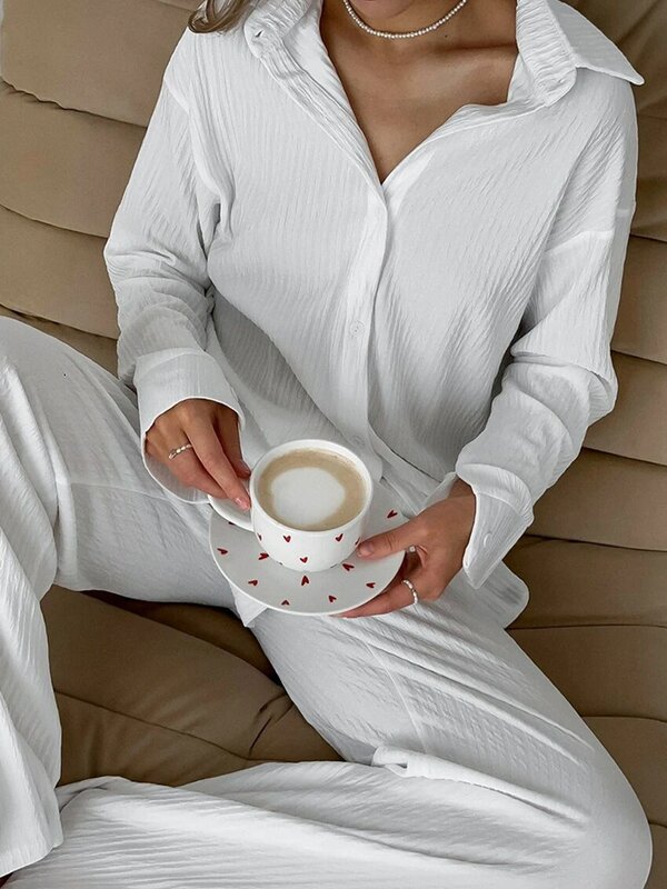 Marthaqiqi-ropa de dormir de manga larga para mujer, pijama con cuello vuelto, pantalones de pierna ancha, traje de 2 piezas, otoño