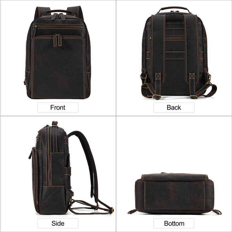 Ransel kulit asli untuk pria, tas Laptop 15.6 inci kapasitas besar, tas sekolah bisnis Vintage, Ransel Travel