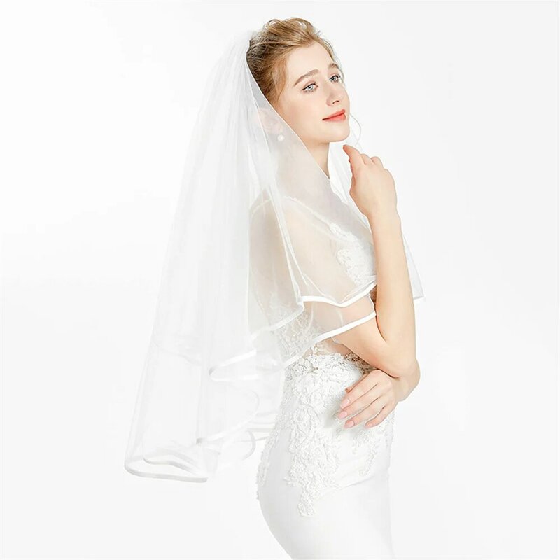 Limit Discounts Simple Two Layers Wedding Veils Ivory White Short Tulle Bridal Veil with Bow Tie Wedding Accessories