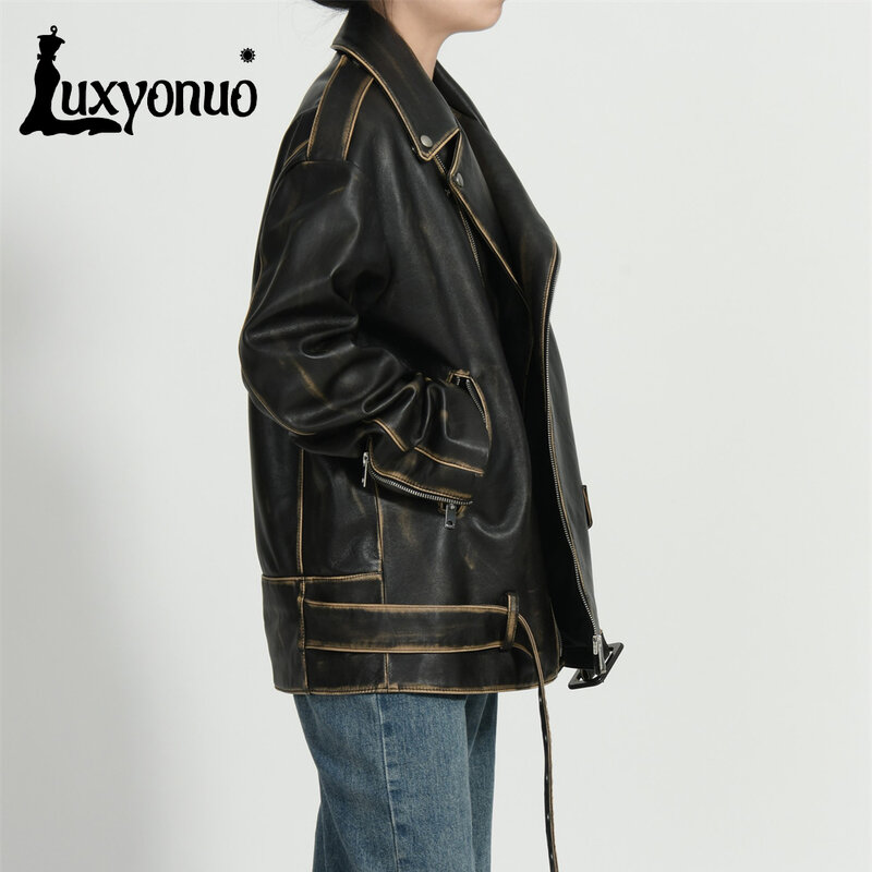 Luxionuo 여성용 진짜 가죽 코트, 여성용 용수철 진짜 가죽 재킷, 가을 빈티지 가죽 오버코트 하이 퀄리티, 신상