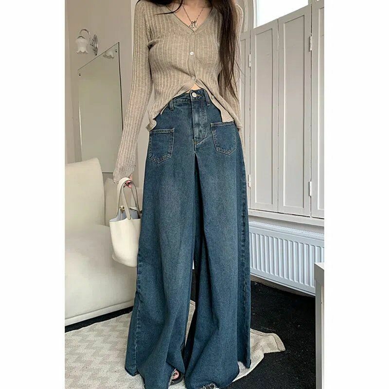 Jeans vintage solto de cintura alta feminino, streetwear elegante, perna larga chique, estilo coreano, moda, tudo combina, azul, retrô, outono, S para 4XL, novo