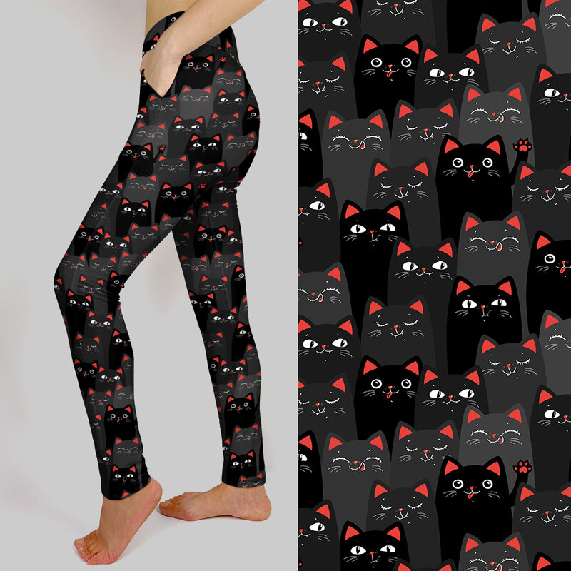 Letsfind 3d preto e cinza gatos impressão digital alta quaility bolsos calças novas sexy de cintura alta mulher dentro dos bolsos leggings