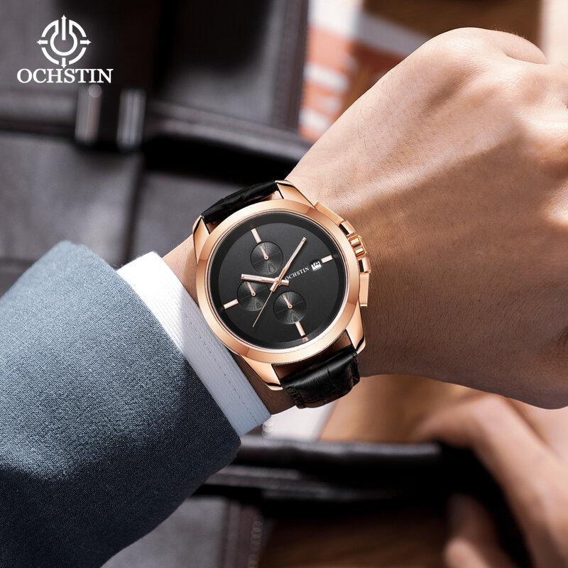 OCHSTIN różowe złoto Case czarna tarcza męska kwarcowy zegarek wielofunkcyjny wodoodporny skórzany pasek wyświetlanie daty nowe męskie zegarki na rękę