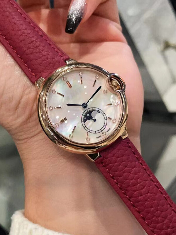 Designerska stalowa obudowa szafirowe lustro diamentowy pierścionek tarcza skórzany pasek zegarek kwarcowy 2024 nowy damski zegarek modny luksusowy zegarek