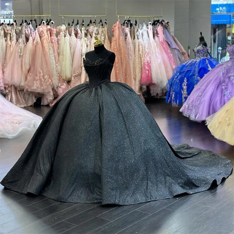 Schwarze Prinzessin Quince anera Kleider Ballkleid Schatz Pailletten funkeln Perlen süß 16 Kleider 15años mexikanisch