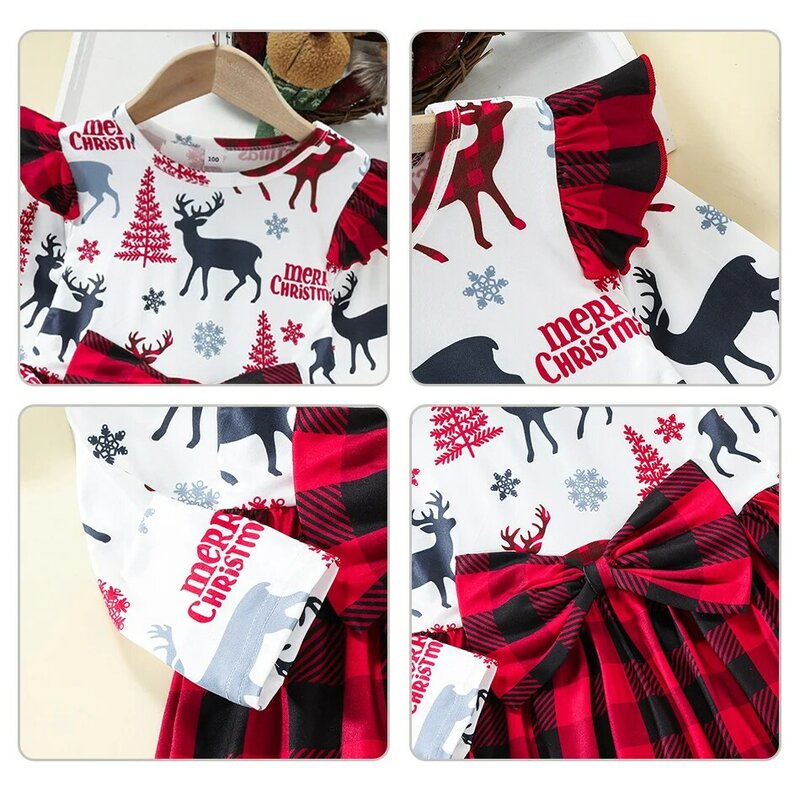 Inverno New Christmas Girl Dress Fawn Print gonna scozzese a maniche lunghe 1-6 anni Bow Princess Dress Kids Birthday Party Prom Gowns