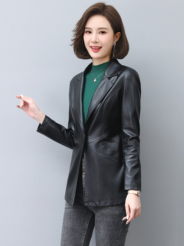 New Women Leather Blazer Spring Autumn Elegant Fashion Single Button Slim Pretty Sheep Leather Jacket Thick Outerwear Size M-5XL
