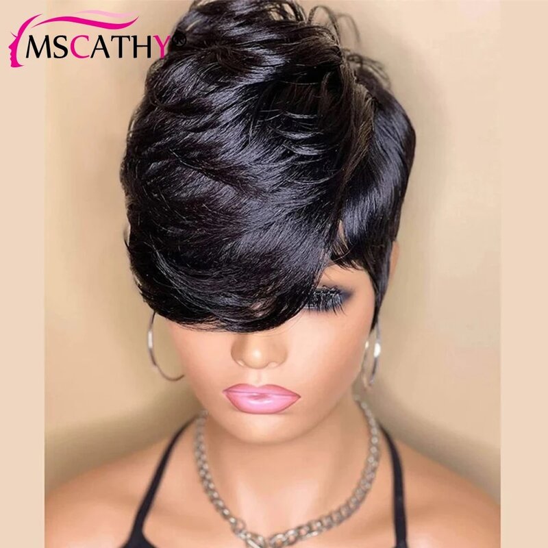 Short Bob Pixie Cut Remy Human Hair Wigs Ready To Wear Glueless Straight Natural Black Color Full Machine Made Wig With Bangs