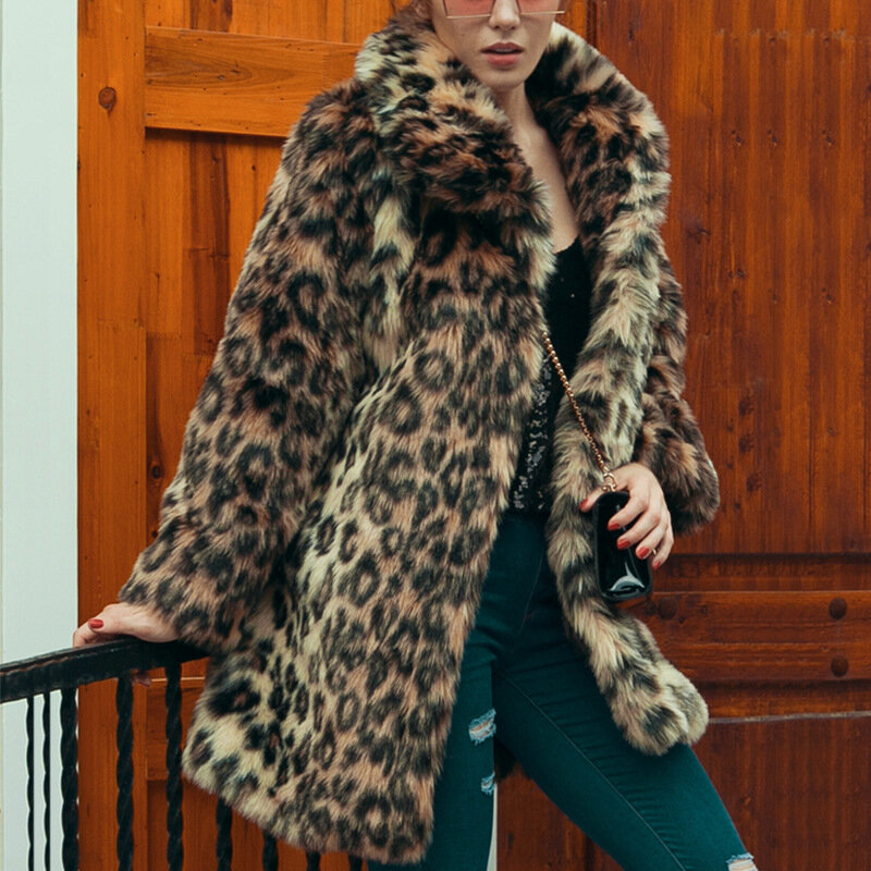 Abrigo largo de piel sintética para mujer, chaqueta esponjosa y cálida de leopardo, abrigo ecológico, ropa de invierno de tendencia, abrigo de piel Artificial, 2023