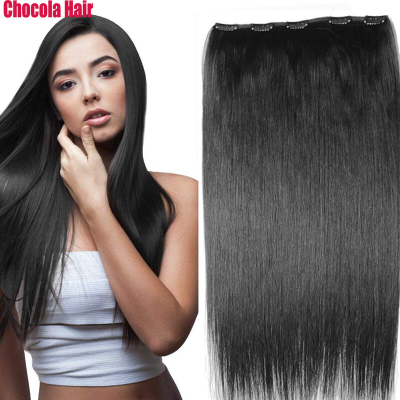 Chocala-Extensions de cheveux humains brésiliens Remy, cheveux à clipser, 20 "-28", 140g, 1 ensemble, pas de dentelle, 5clips