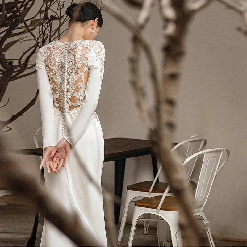 Challoner Elegant Wedding Dress V-Neck Long Sleeves Lace Appliques Illusion Button Bridal Gowns Floor Length Vestido De Novia