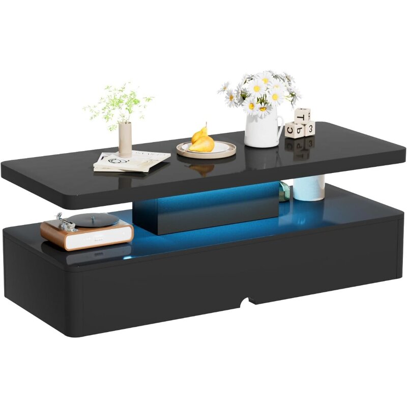 Mesa de centro con diseño de doble capa para sala de estar, mesa de centro moderna y elegante con luces LED de 16 colores, color negro